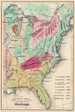 An enhanced, restored reproduction of a map of the location of Native American populations in the United States on the east coast. Published circa 1849 but reflects around 1600. 