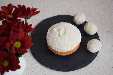 Coconut cake on a black and white background