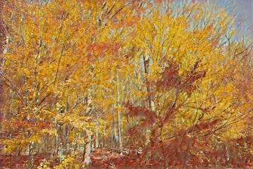 Naklejka na ściany i meble A painted image of autumn trees shining bright in the sunlight. The image is in the style of pointillism