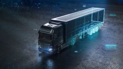 Fototapeta Futuristic truck with trailer scene with  wireframe intersection (3D Illustration) obraz