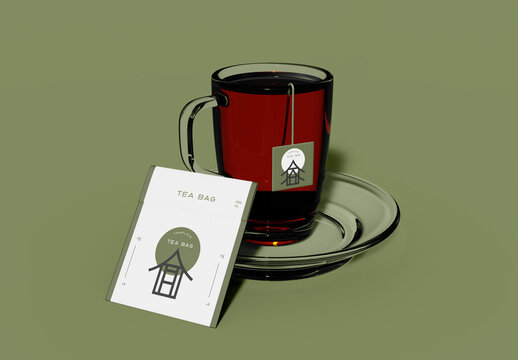 Tea Bag with Glass Cup Mockup