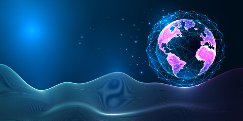 Concept of metaverse world with planet Earth globe on fantasy space landscape in futuristic style