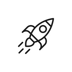 Business and money concept. Monochrome sign drawn with black line. Editable stroke. Vector line icon of flying rocket as symbol of work or business booster