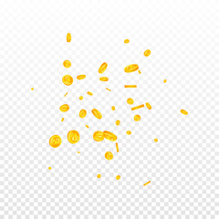 Russian ruble coins falling. Classy scattered RUB coins. Russia money. Ecstatic jackpot, wealth or success concept. Vector illustration.