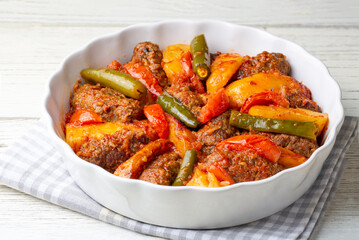 Traditional Homemade Turkish Food Kofte - Kofta with Tomato Sauce and Potatoes. (Turkish name; Izmir kofte)