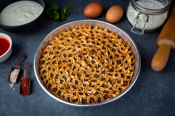 Delicious Turkish Ravioli Tepsi Manti. Turkish traditional Kayseri Tepsi Manti