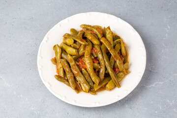 Traditional delicious Turkish food; Green beans with olive oil; Turkish name; Zeytinyagli taze fasulye