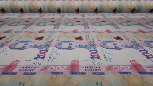 200 Ukrainian hryvnia bills on money printing machine. Illustration of printing cash. Banknotes. UAH. Economy. 