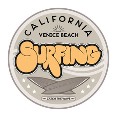 Surfing theme logo template. Vintage style vector illustration.