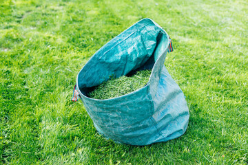 Fresh natural cut grass in blue bag with rake on the green lawn. Preparing future compost as eco...