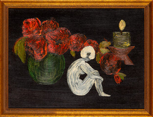 Framed surrealist oil painting on canvas with flowers bouquet, a burning candle,  and stylized woman in meditating position.