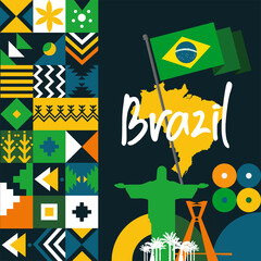 Brazil Flag and map with traditional festival theme. National day or Independence day design for Brazilian celebration. Modern retro design with abstract icons. Vector illustration.