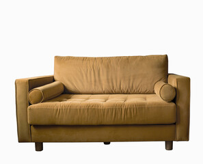 Beige sofa with rollers on wooden legs isolated on white. Brown couch isolated