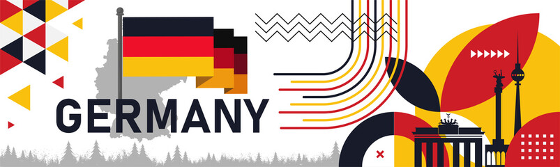Germany National day or Deutschland banner with retro abstract geometric shapes, berlin landscape landmarks. German flag and map. Red yellow black colors scheme. German Unity Day. Vector Illustration
