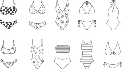 A set of outlines of ten swimsuits isolated on a white background. Vector illustration