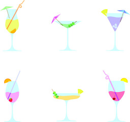 A set of six summer alcoholic beach cocktails of different colors with umbrellas and tubes isolated on a white background