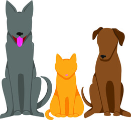 Two dogs and one cat. A red cat. Gray and brown dogs. Big dogs. Kitty. Illustration without background. Two puppies. A lop-eared dog. Friendship between cats and dogs.