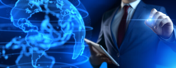 Businessman pressing button. Man pointing on futuristic interface. Innovation technology internet and business concept