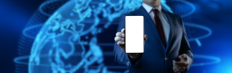 Man holding and using smartphone on digital background. Technology internet and business concept