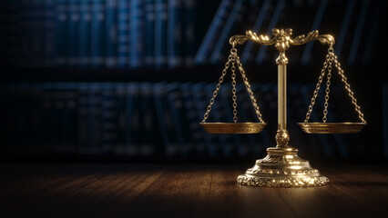 Law Legal System Justice Crime concept. Scales on table. 3d Render illustration