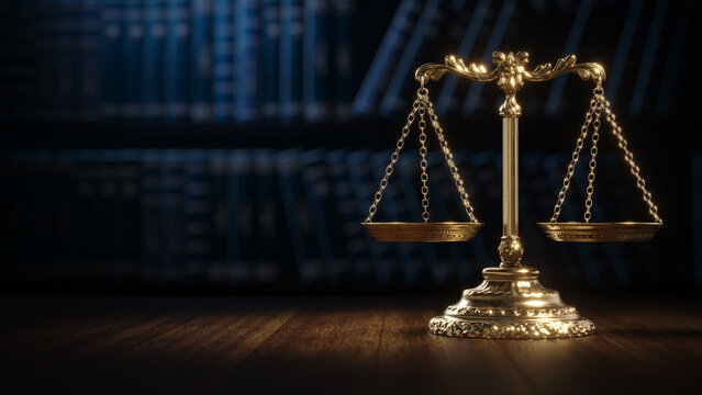 Law Legal System Justice Crime concept. Scales on table. 3d Render illustration