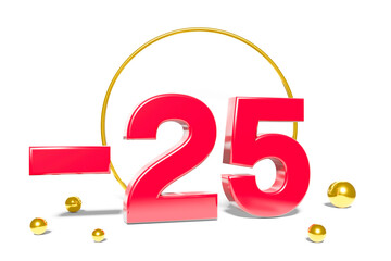 illustration of 25 percent discount in 3D illustration red color with white background and copy space
