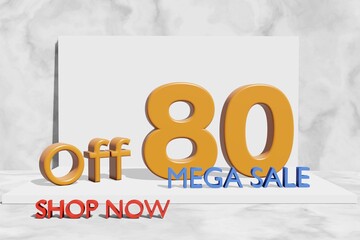 Fototapeta na wymiar illustration of mega sale with 80 percent off in orange color 3D illustration with marble background and copy space