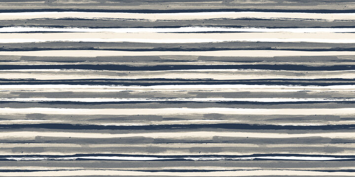 Seamless Hand Painted Playful loose Horizontal grunge stripes pattern in navy blue and cream beige. Baby boy motif or nautical style. High resolution tileable fashion textile texture background..