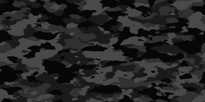 Seamless rough textured military, hunting or paintball camouflage pattern in a dark black and grey night palette. Tileable abstract contemporary classic camo fashion textile surface design texture..