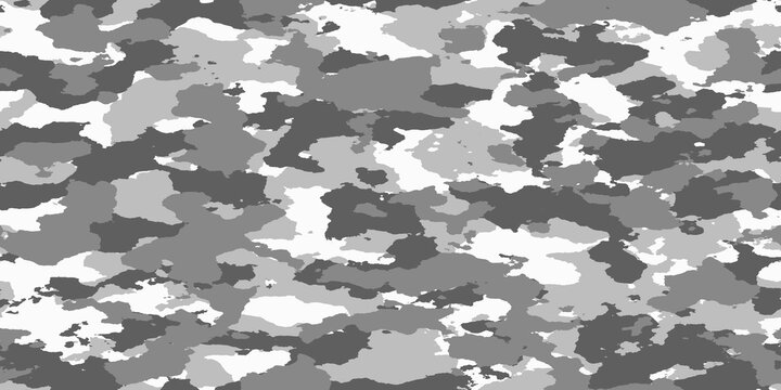 Seamless rough textured military, hunting, paintball camouflage pattern in light urban grey and snow white palette. Tileable abstract contemporary classic camo fashion textile surface design texture.