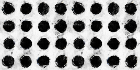 Seamless painted polka dot circles, a black and white artistic acrylic paint texture background. Creative grunge monochrome hand drawn messy polkadots tileable surface pattern design. 3D Rendering..