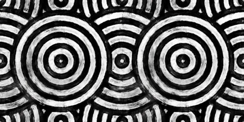 Seamless painted overlapping concentric circle stripes black and white artistic acrylic paint texture background. Creative grunge monochrome hand drawn bullseye target pattern design. 3D Rendering.