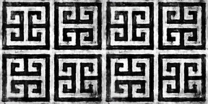 Seamless Painted Greek Key Black And White Artistic Acrylic Paint Texture Background. Creative Grunge Monochrome Hand Drawn Ornamental Square Motif Tileable Surface Pattern Design. 3D Rendering..