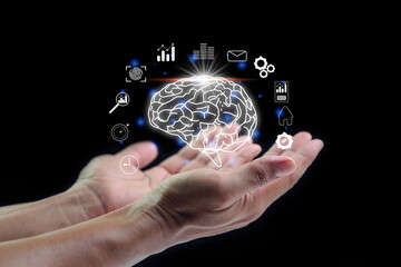 A Businessman hand touching Virtual reality man with symbol neurons in the brain. Concept of idea and innovation, copy space.