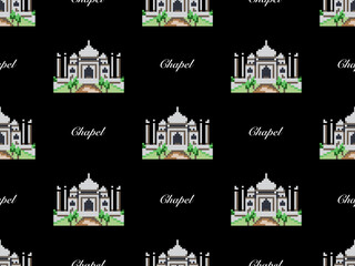 Chapel cartoon character seamless pattern on black background. Pixel style