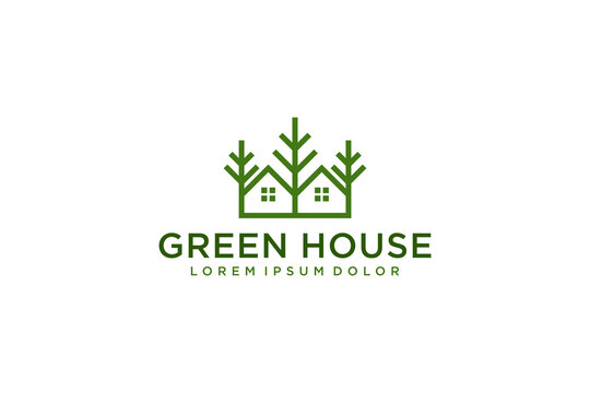 Green house logo design nature farming roof window with tree plantation