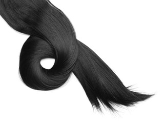 Lock of beautiful brunette straight hair isolated on white, top view