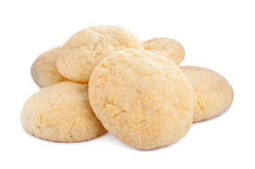Many tasty sugar cookies isolated on white