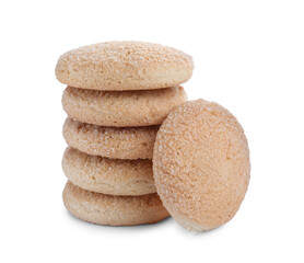 Many tasty sugar cookies isolated on white
