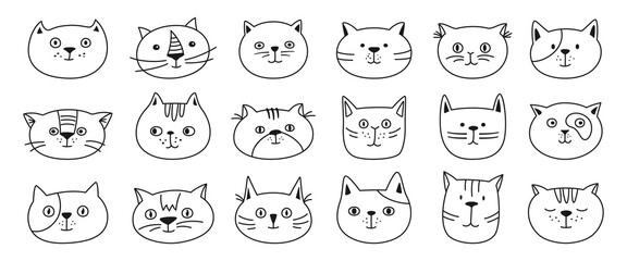 Cat head emotion sketch character set. Cute smiling kitten kawaii outline faces symbol. Cats funny childish baby doodle flat sticker. Isolated scrapbook clipart print template for card, poster, cover