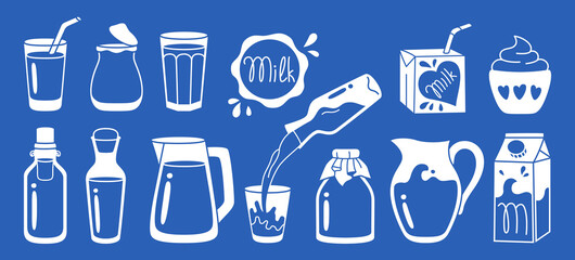 Milk dairy food symbol set. Farm foodstuff yogurt, drink in glass, jug, bottle or carton package line sign design. Natural milk products graphic element. Vector illustration