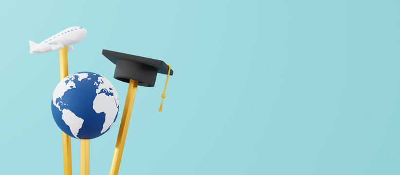 Pencils with world plane and graduation cap with copy space 3D render