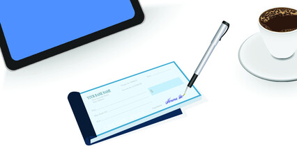 Cheque book in Blue color with pen and hot coffee cup in white background 
