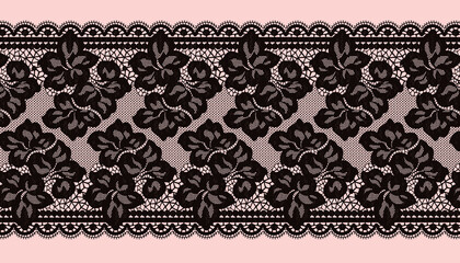 Black Flower Raschel Lace Trim. Net Fabric.