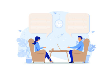 workers are sitting at the negotiating table, vector collective thinking and brainstorming,  flat design modern illustration