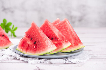 fresh watermelon with slice on table .summer fruit - obrazy, fototapety, plakaty