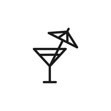 Summer cocktail signs. Vector symbol drawn in flat style with black line. Perfect for adverts, web sites, cafe and restaurant menu. Icon of umbrella stick in cocktail glass