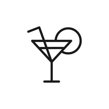 Summer cocktail signs. Vector symbol drawn in flat style with black line. Perfect for adverts, web sites, cafe and restaurant menu. Icon of swizzle stick and slice of fruit in cocktail glass