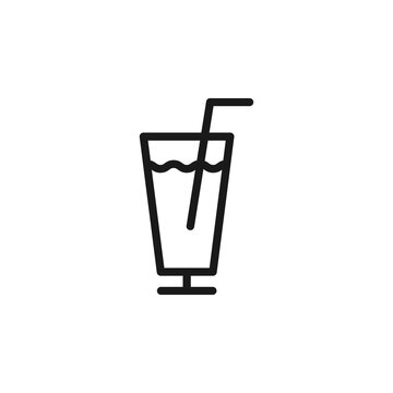 Summer cocktail signs. Vector symbol drawn in flat style with black line. Perfect for adverts, web sites, cafe and restaurant menu. Icon of swizzle stick in big straight glass for beach cocktails