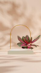 3D render white green podium mockup in portrait with chinese evergreen, blur glass and gold ring